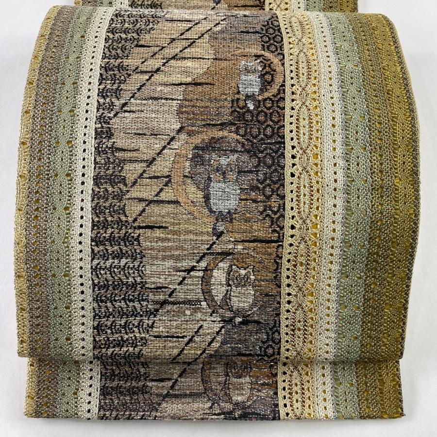 袋帯 名品 ふくろう ミミズク 月 箔 薄茶色 六通 正絹 中古 何でも揃う