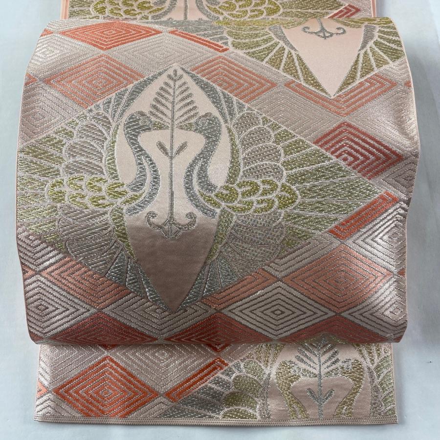 袋帯 美品 名品 落款あり 川島織物 向かい鶴 入子菱 金銀糸 箔 ピンク