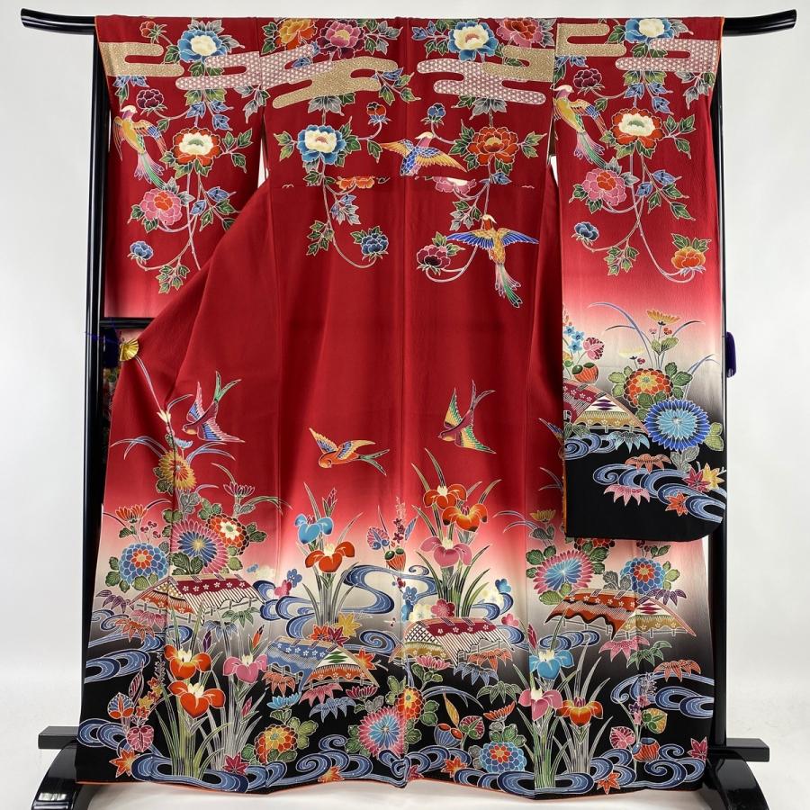 振袖 美品 名品 花鳥 家屋 染分け 縮緬 赤 袷 164cm 67cm M 正絹 中古 最新の激安