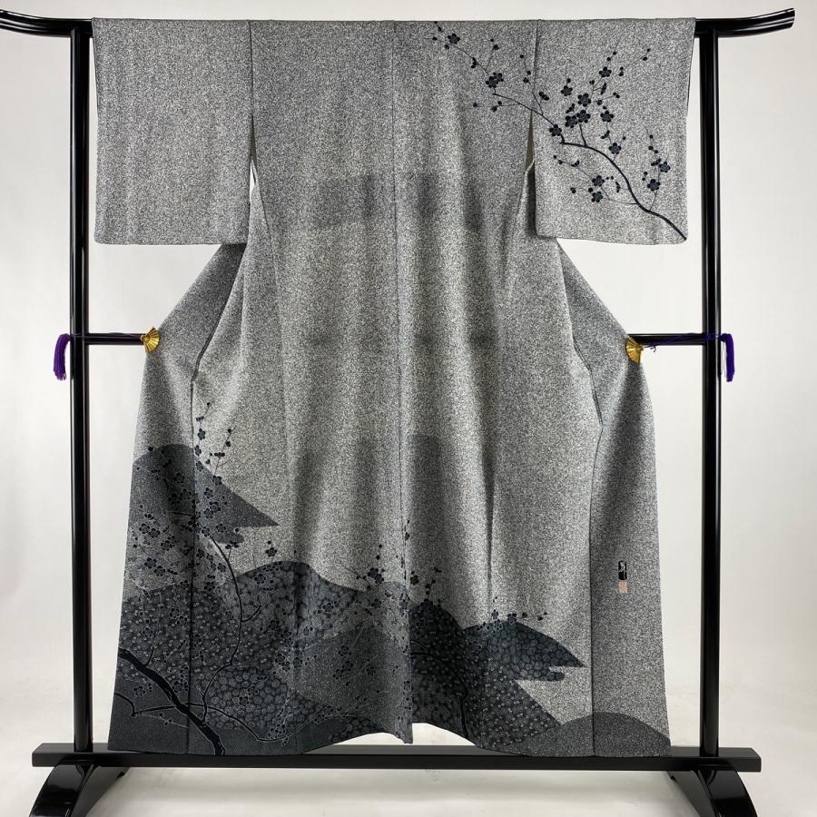 3540円 日本未発売 訪問着 美品 秀品 落款あり 枝梅 草花 灰色 袷 156cm 62 5cm S 正絹 中古
