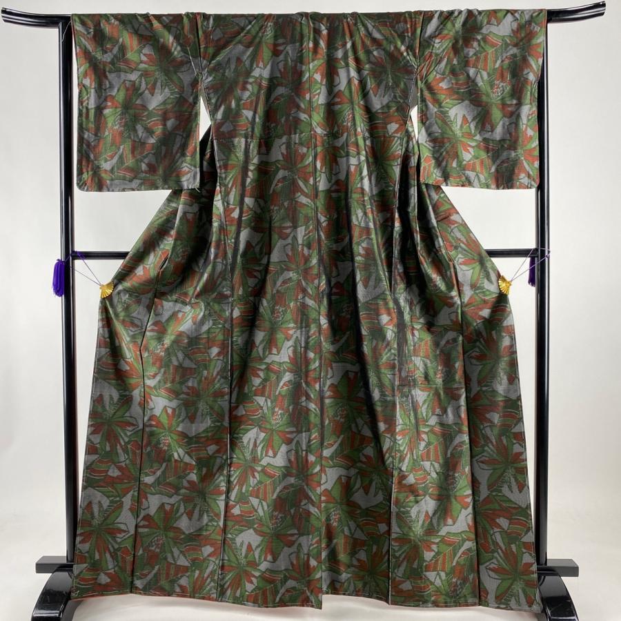 紬 美品 優品 花 幾何学 灰緑 袷 166 5cm 66 5cm M 正絹 中古 1周年記念イベントが