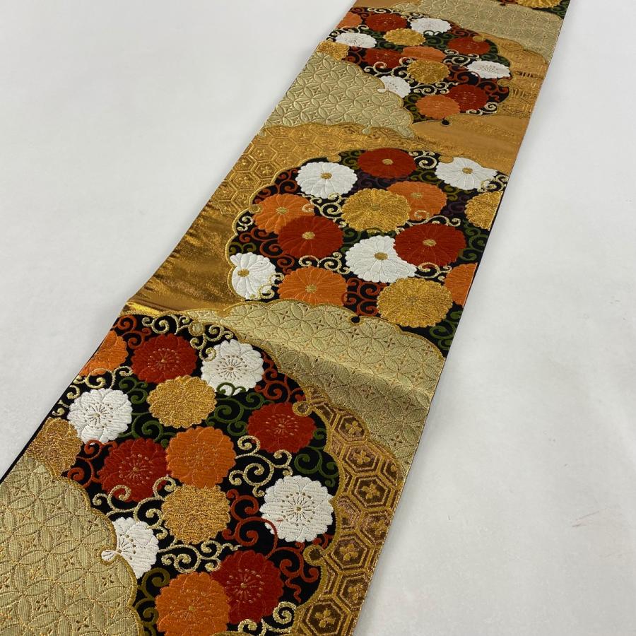 袋帯 逸品 落款あり 河合美術織物 菊唐草 七宝 唐織 金糸 黒 六通 正絹