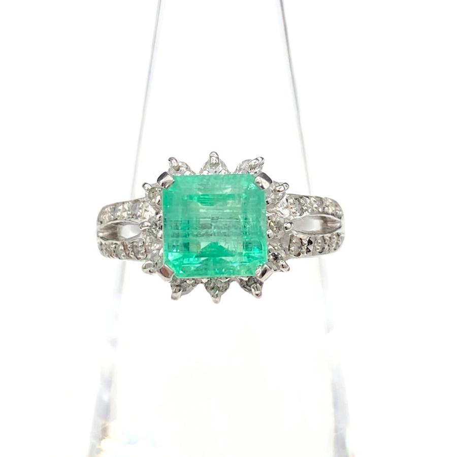 エメラルド デザインリング プラチナ 指輪 メレダイヤ リング 8号