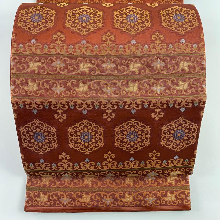 袋帯 美品 名品 落款あり 川島織物 華文 花唐草 箔 赤茶 六通 正絹