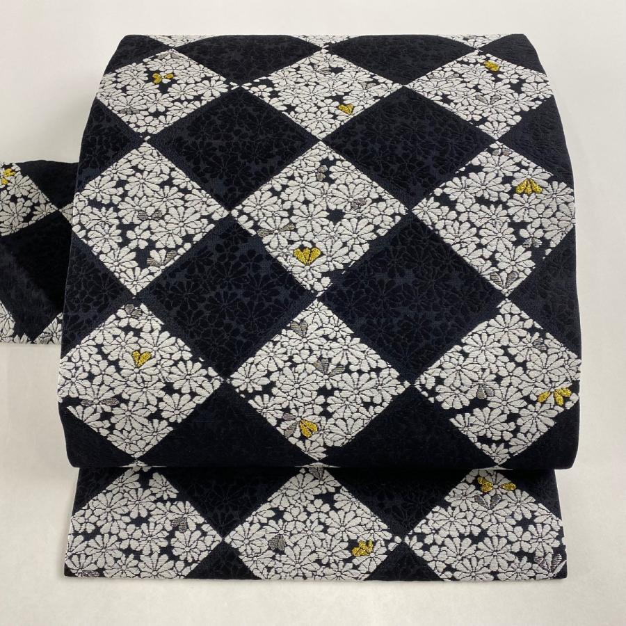 名古屋帯 美品 名品 花柄 金銀糸 黒 正絹 中古 :1000048386394