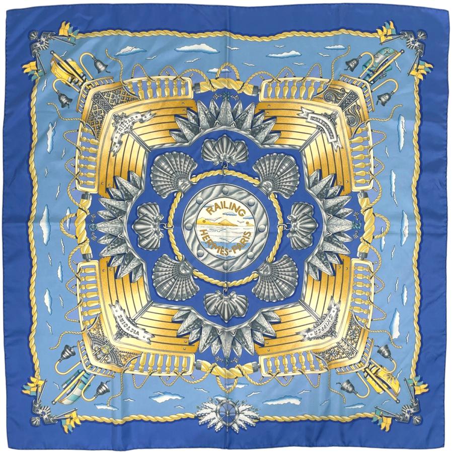 HERMES（エルメス） カレ 90 RAILING 船の手摺 スカーフ シルク ブルー