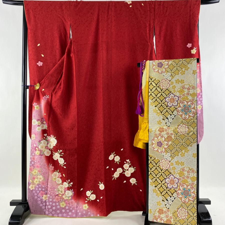 振袖 美品 秀品 袋帯フルセット 桜 桜の花びら 金彩 ぼかし 赤 袷 身丈