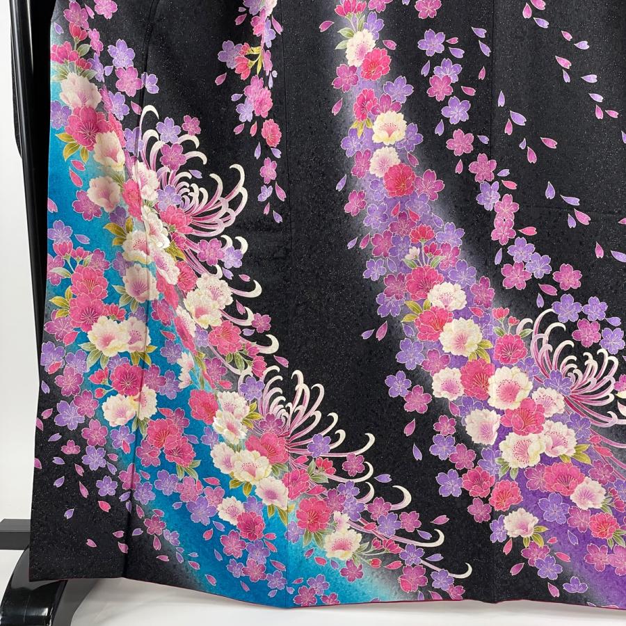 振袖 美品 逸品 桜 乱菊 刺繍 銀通し 黒 袷 身丈165.5cm 裄丈67.5cm L