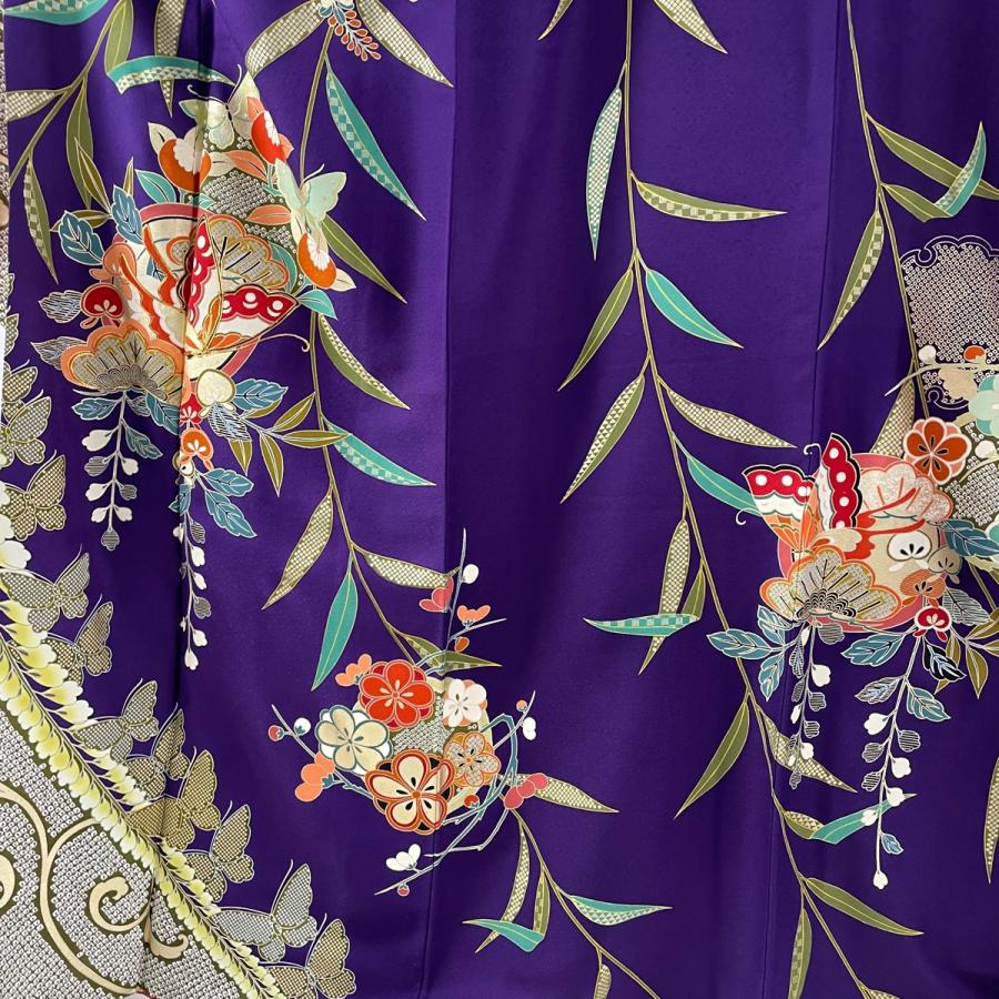 振袖 秀品 袋帯フルセット 蝶 花丸文 金糸 金銀彩 紫 袷 身丈168cm 裄