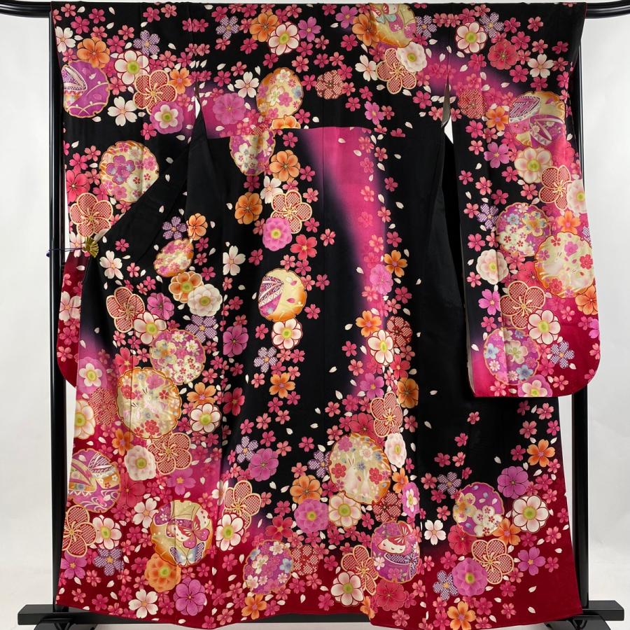振袖 身丈158.5cm 裄丈67cm M 袷 雪輪 桜 金糸 金彩 黒 正絹 美品 逸品
