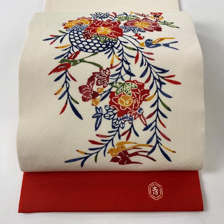 名品✨名古屋帯 栗山吉三郎 落款あり 草花 薄茶色 正絹 紅型 着物・浴衣