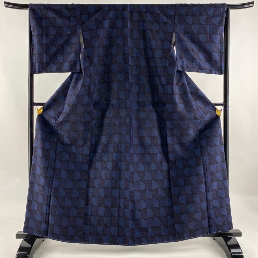 結城紬 身丈164cm 裄丈65cm M 袷 井上商事株式会社 証紙あり 格子柄 絣 
