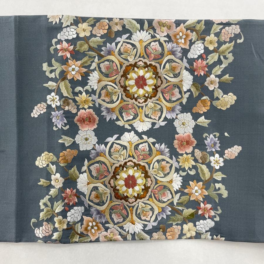 袋帯 美品 逸品 華文 枝花 金糸 刺繍 灰緑 お太鼓柄 正絹 中古 