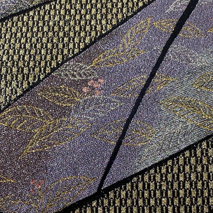 袋帯 美品 名品 葉と実 幾何学模様 箔 紫 六通 正絹 中古