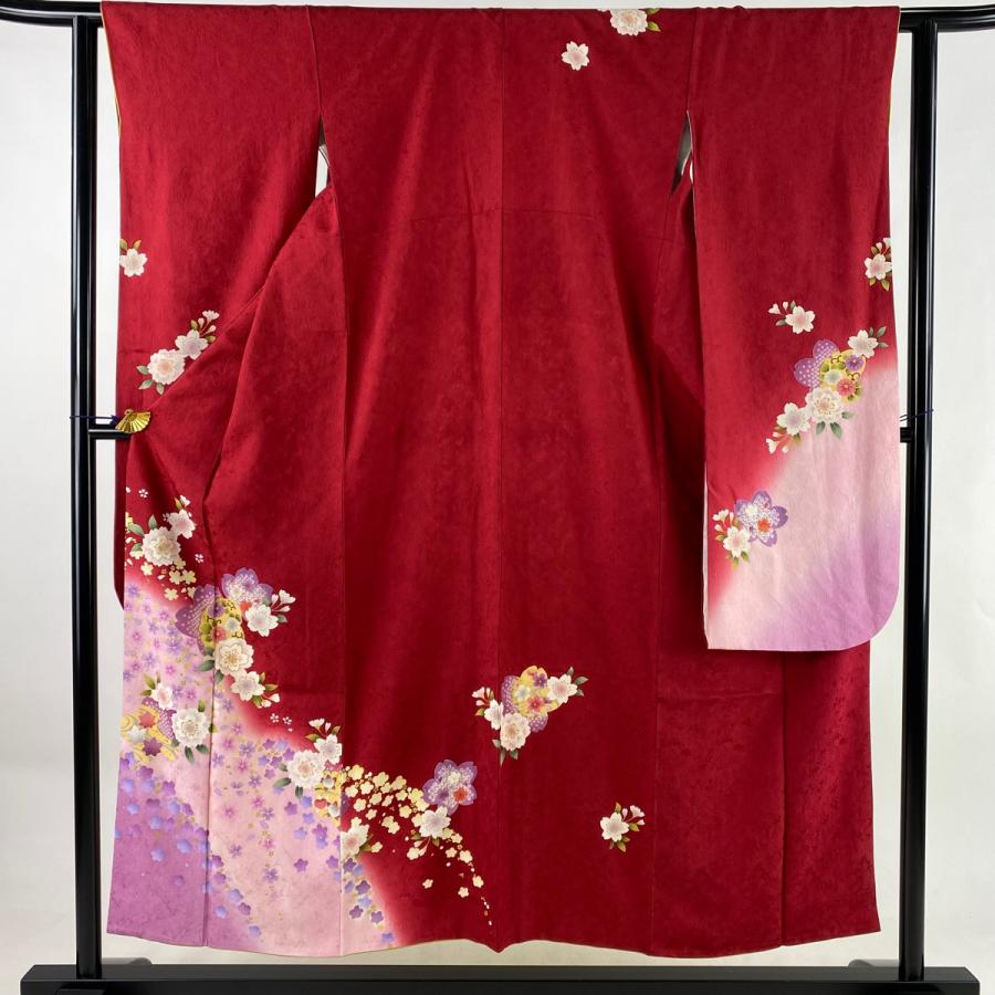 振袖 美品 桜 雪輪 金彩 赤 身丈153cm 正絹