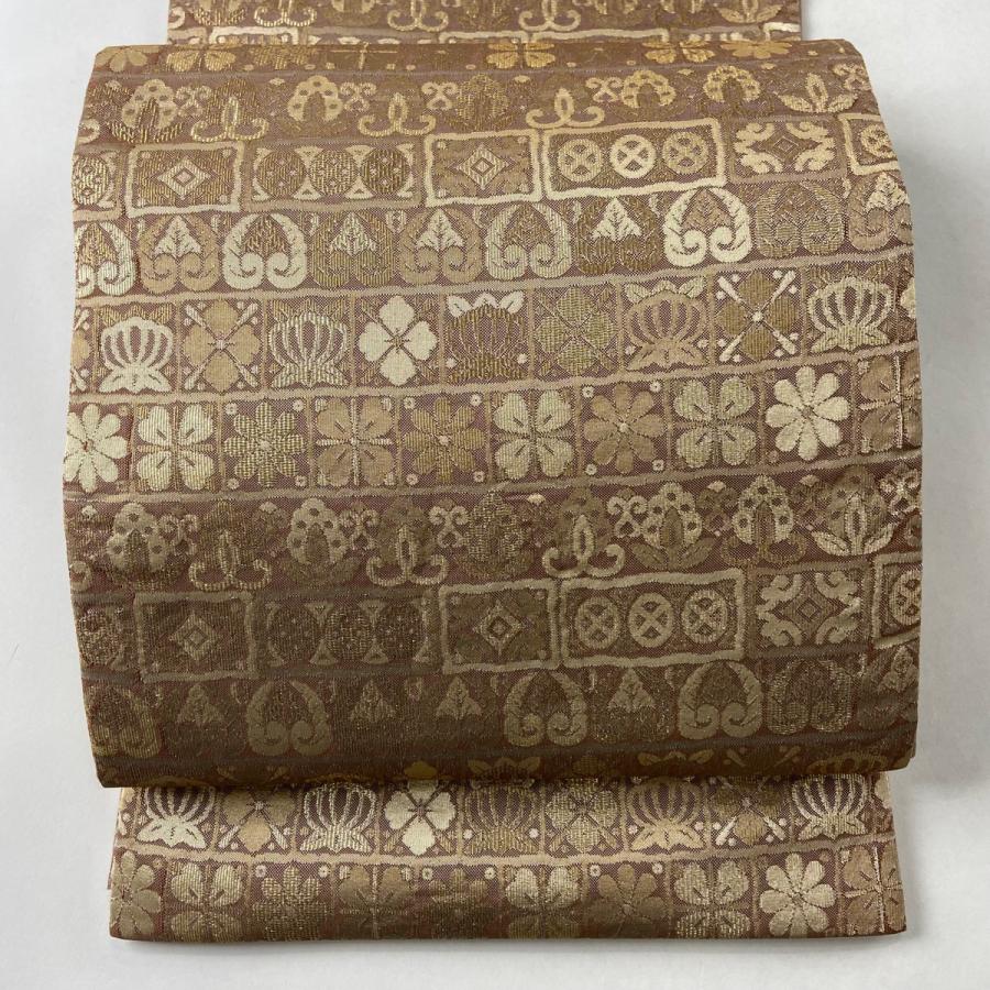 袋帯 四角に四季の花模様 鳳凰 唐織 金糸 編み 橡色 O-3776 