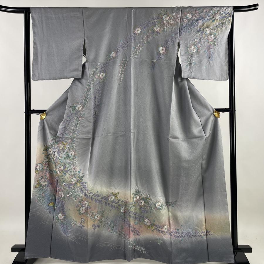 紗袷♢無双♢訪問着♢身丈162cm♢紗×縦絽♢紺ネイビー♢花文♢透け感 