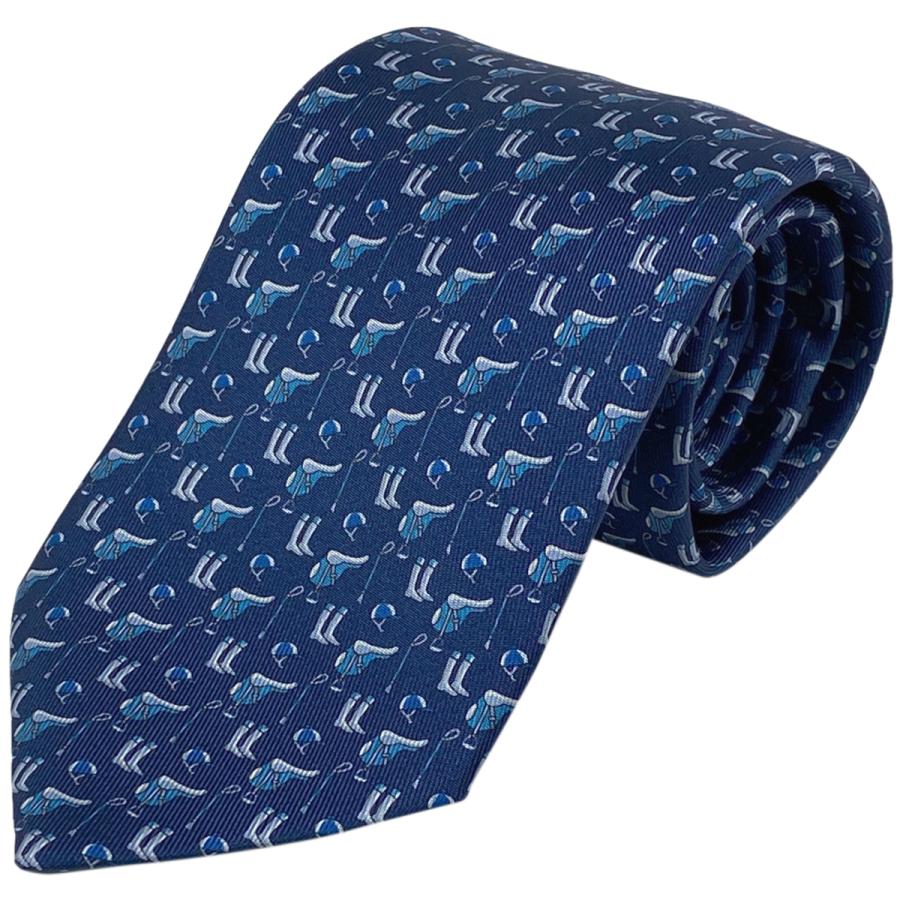 HERMES エルメス 馬具柄 ネクタイ 総柄 ビジネス シルク ブルー メンズ  