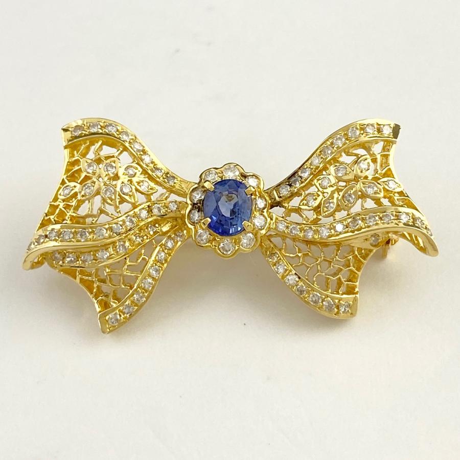 リボンモチーフ ブローチ YG イエローゴールド サファイア メレダイヤ