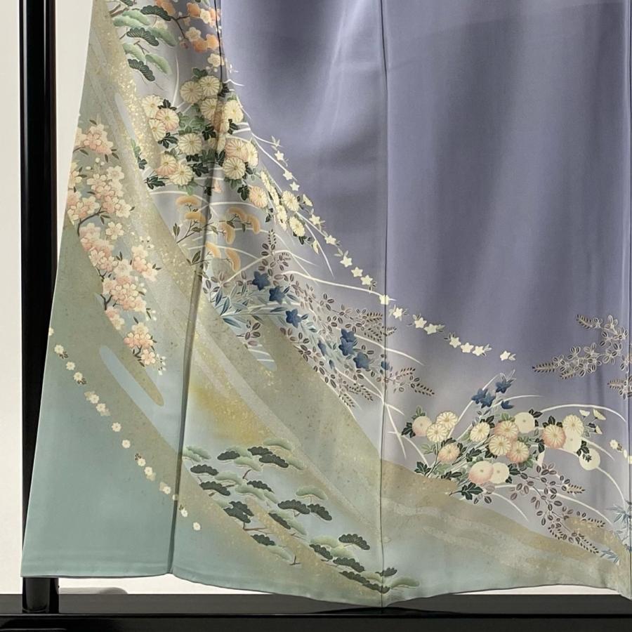 訪問着 身丈154cm 裄丈65cm M 袷 菊 松梅 金彩 ぼかし 青灰色 正絹 名品 中古｜kaipre｜02