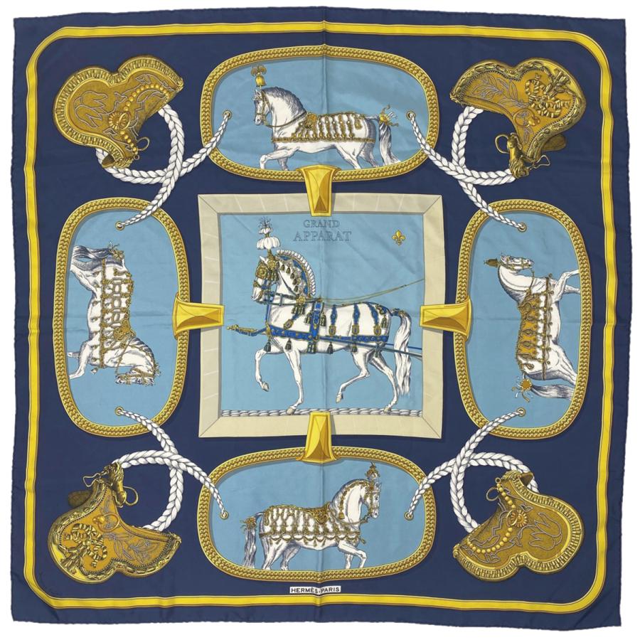 HERMES エルメススカーフ カレ90 盛装の馬 シルクスカーフ 馬 馬車 緑