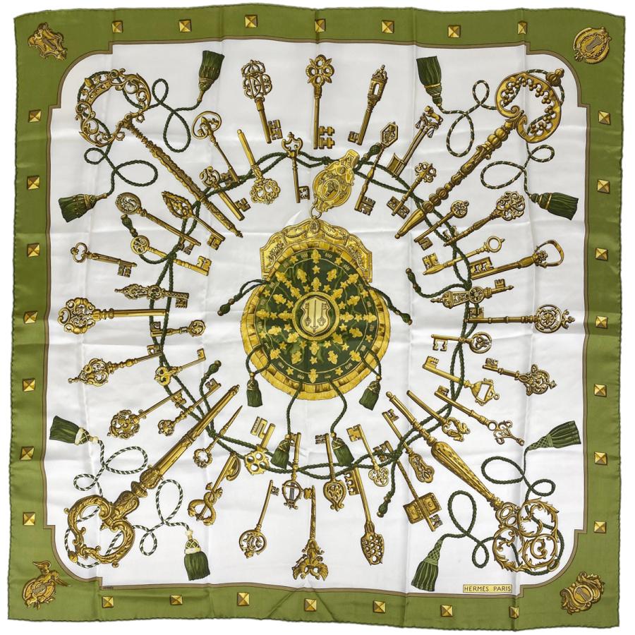HERMES エルメス カレ 90 鍵柄 キー スカーフ シルク グリーン マルチ  