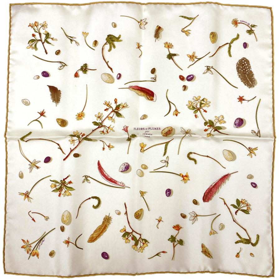 エルメス HERMES プチカレ FLEURS et PLUMES 花と羽 スカーフ シルク 