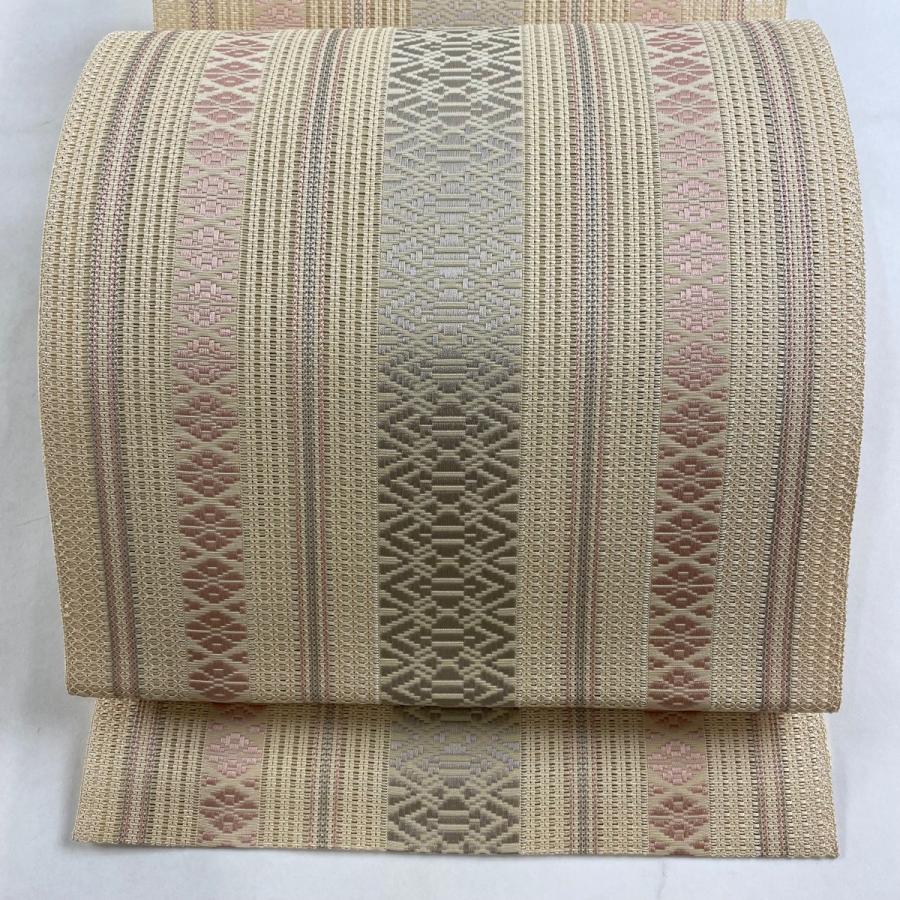 名古屋帯 美品 逸品 落款あり 夏帯 千年工房 縞 絽献上柄 薄オレンジ 
