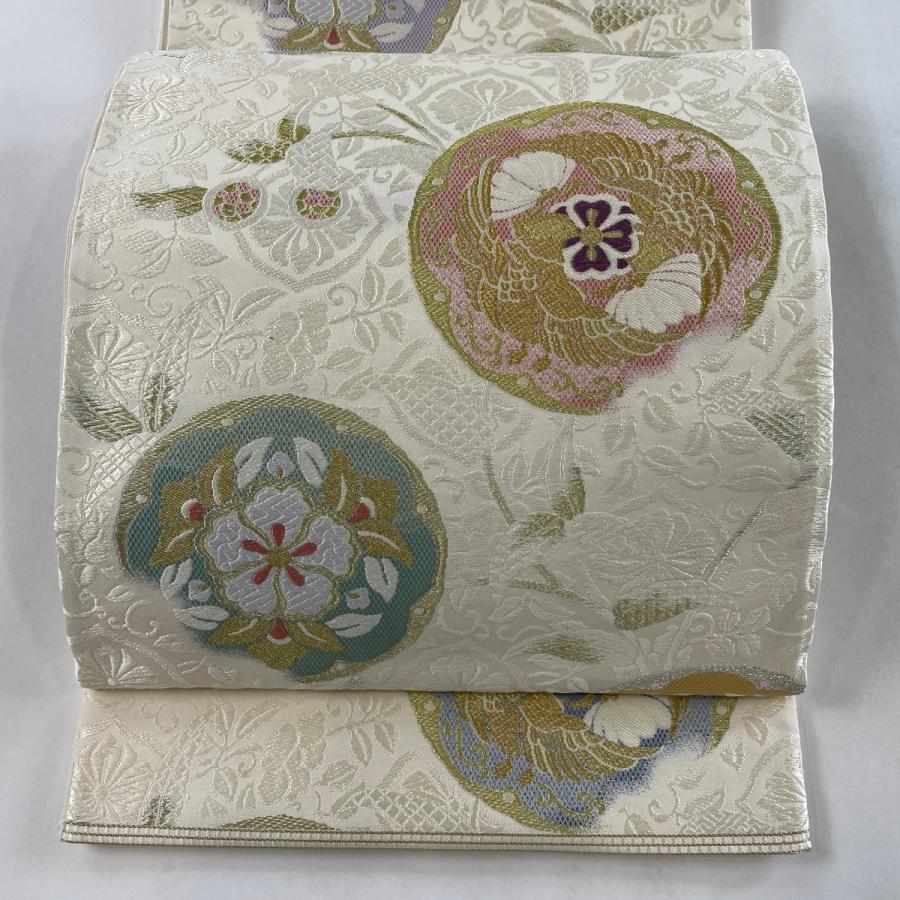 ★専用★未使用品 袋帯 クリーム 雪輪 金糸 長さ4m47cm 六通柄 袋帯 美品 名品 青葉の山 御香染 宮むらさき 草花 鳥 金銀糸 クリーム