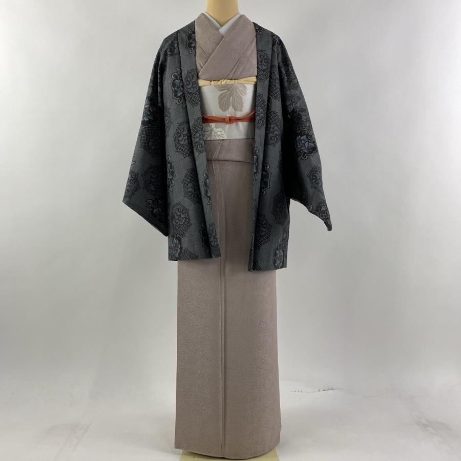 羽織 身丈79cm 裄丈63.5cm S 草花 菱 青灰色 正絹 美品 秀品 中古｜kaipre｜02