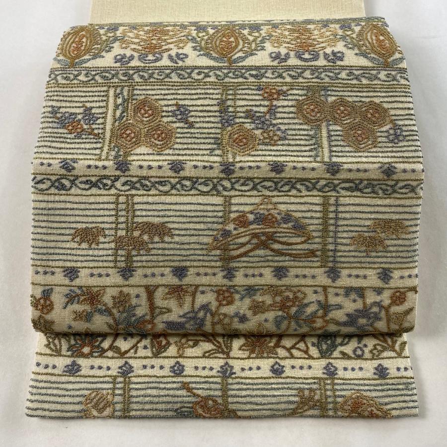 袋名古屋帯 逸品 夏帯 松竹梅 宝尽くし 相良刺繍 金通し ベージュ 正絹  