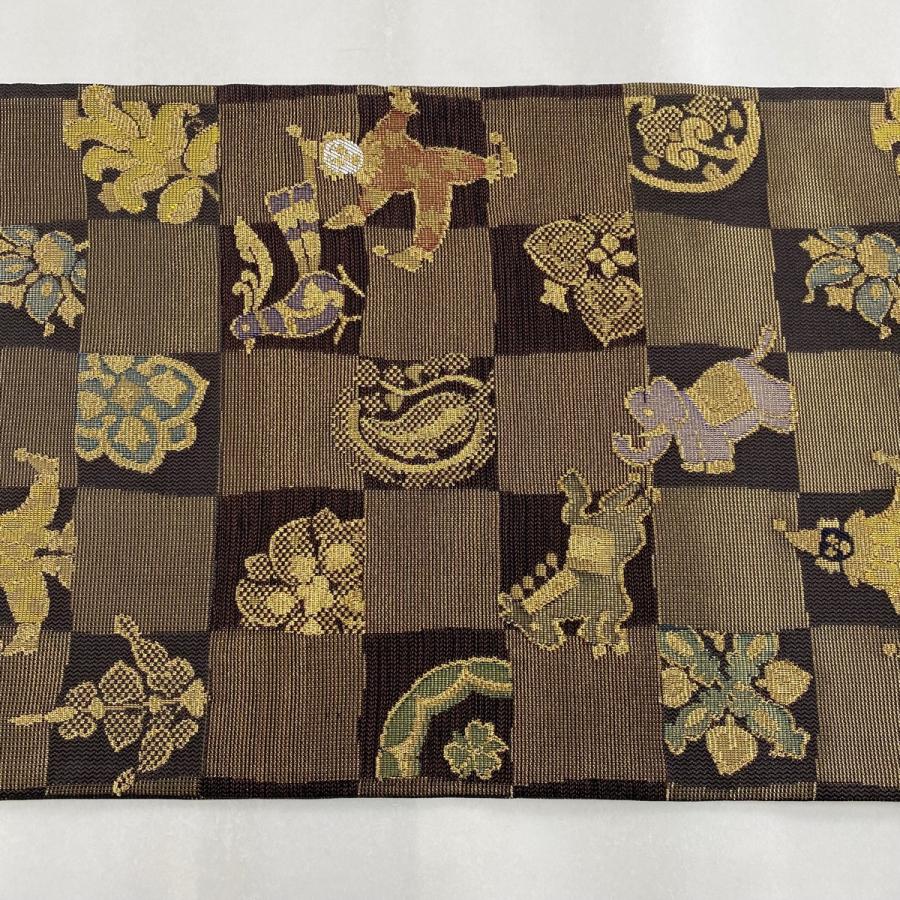 袋帯 美品 逸品 ピエロ 象 金糸 焦茶色 六通 正絹 中古 