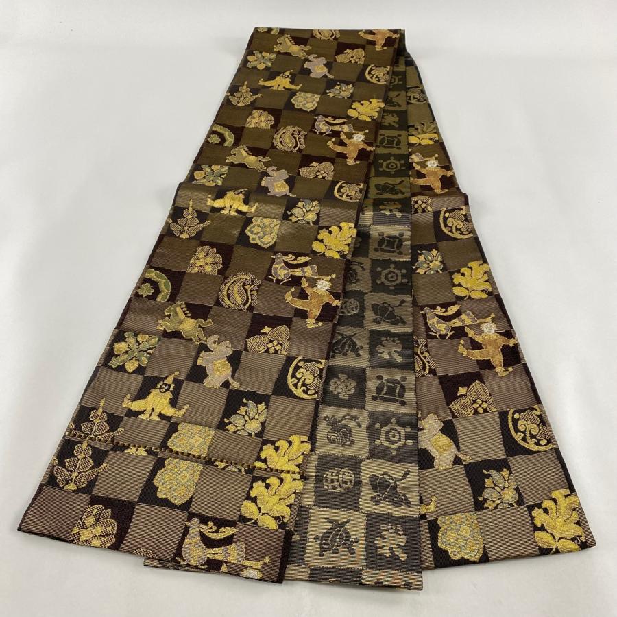 袋帯 美品 逸品 ピエロ 象 金糸 焦茶色 六通 正絹 中古 