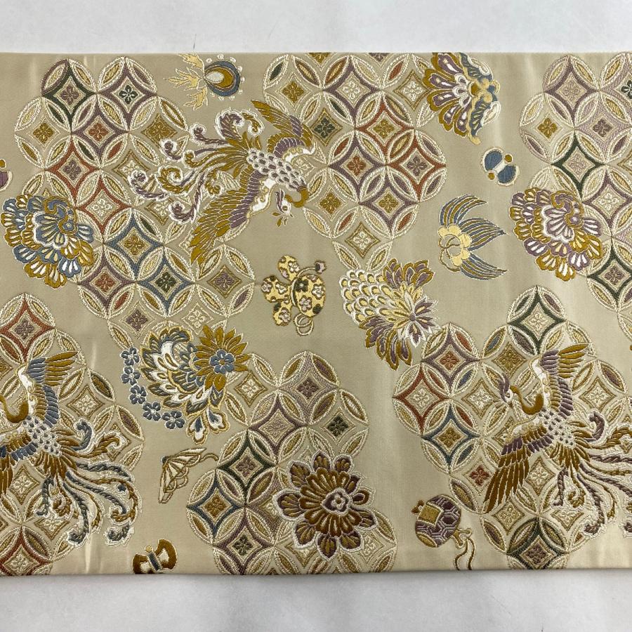 袋帯 逸品 鳳凰 七宝 刺繍 ベージュ 六通 正絹 中古 袋帯 逸品 鳳凰 七宝 刺繍 ベージュ 六通 正絹 中古