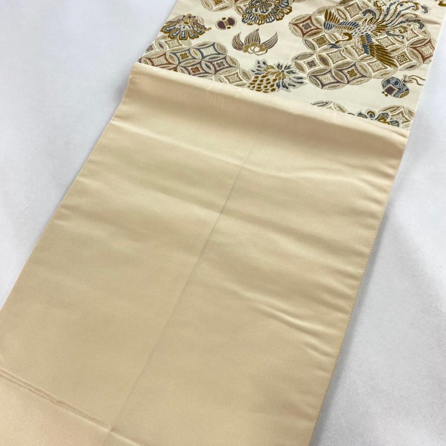 袋帯 逸品 鳳凰 七宝 刺繍 ベージュ 六通 正絹 中古 袋帯 逸品 鳳凰 七宝 刺繍 ベージュ 六通 正絹 中古