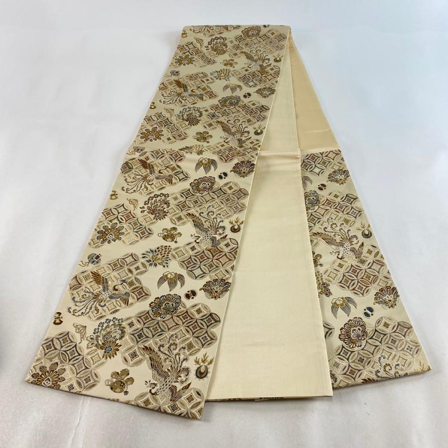 袋帯 逸品 鳳凰 七宝 刺繍 ベージュ 六通 正絹 中古 袋帯 逸品 鳳凰 七宝 刺繍 ベージュ 六通 正絹 中古
