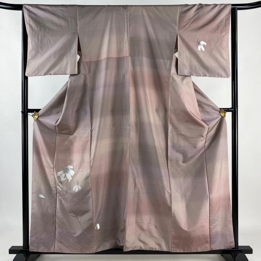 付下げ 身丈158.5cm 裄丈65cm M 袷 紬地 百合 刺繍 灰紫 正絹 美品  