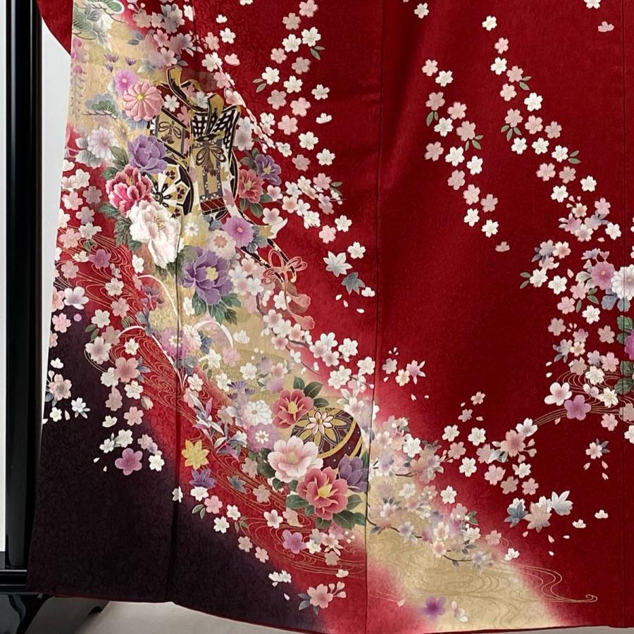 振袖 袷 身丈161cm 正絹 M 御所車 金糸 刺繍 牡丹 金彩 濃ピンク 裄丈64cm