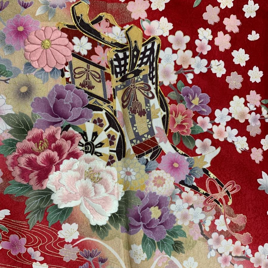 振袖 袷 身丈161cm 正絹 M 御所車 金糸 刺繍 牡丹 金彩 濃ピンク 裄丈64cm