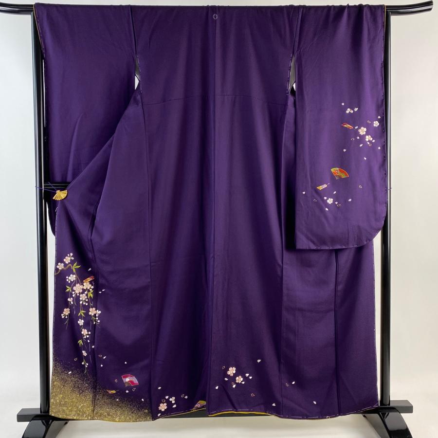 振袖 身丈160cm 裄丈67cm M 袷 桜 扇 刺繍 金彩 濃紫 正絹 秀品 一つ紋  