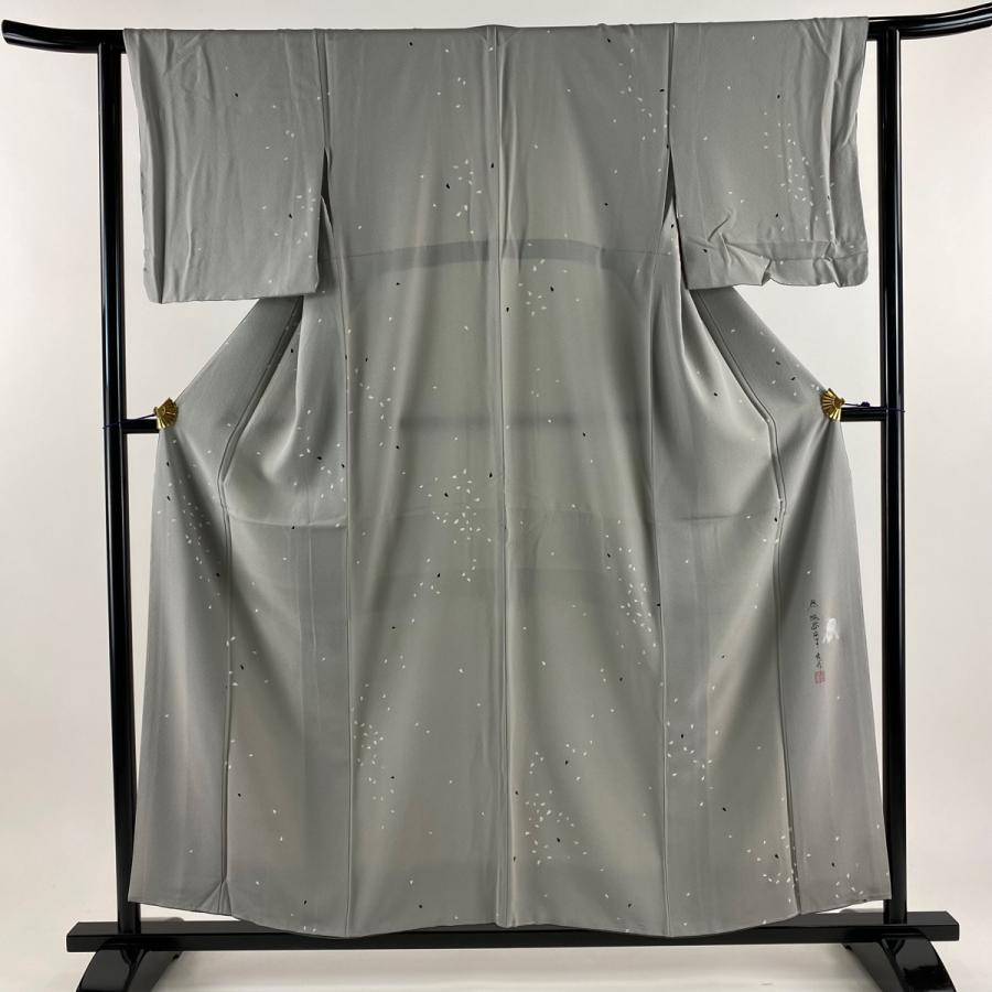小紋 身丈154cm 裄丈62cm S 袷 菅有鬼一 落款あり 花びら 灰色 正絹  