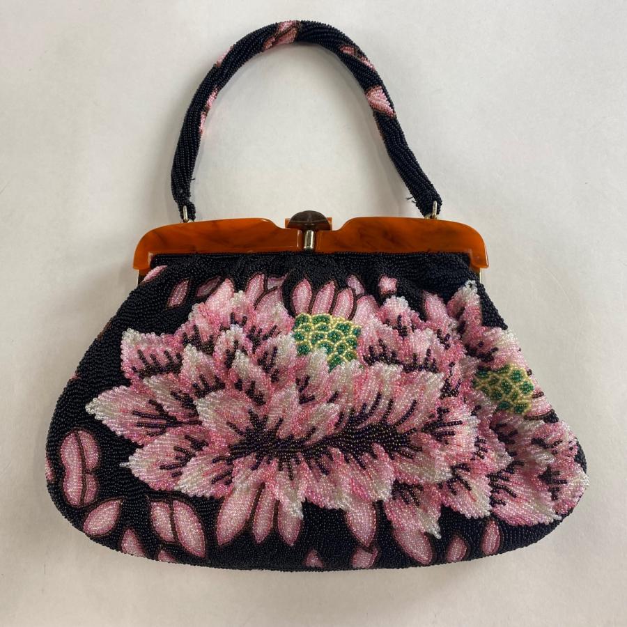 和装バッグ 優品 ビーズバッグ フォーマル 花 黒 ビーズ 和装小物 中古 