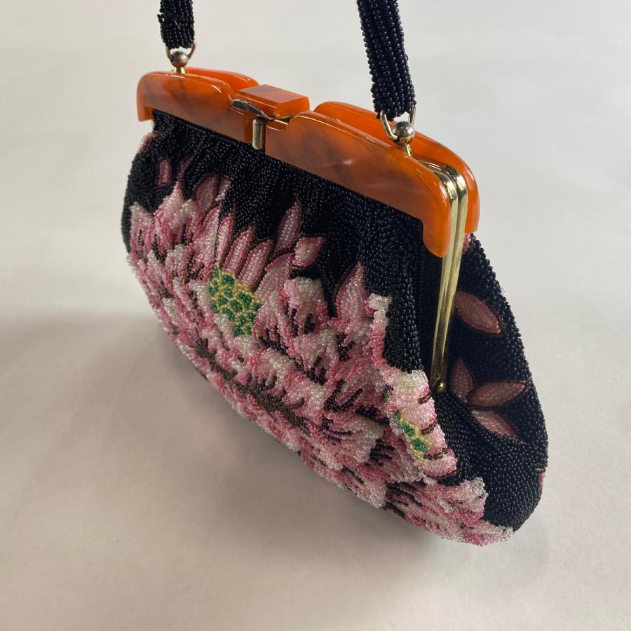 和装バッグ 優品 ビーズバッグ フォーマル 花 黒 ビーズ 和装小物 中古 