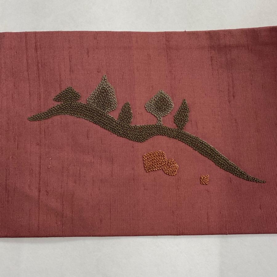 名古屋帯 秀品 建物 葉 刺繍 赤紫 正絹 中古 : 1000073964017  