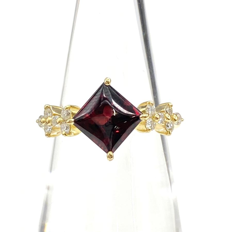 ガーネット デザインリング YG イエローゴールド メレダイヤ 指輪  