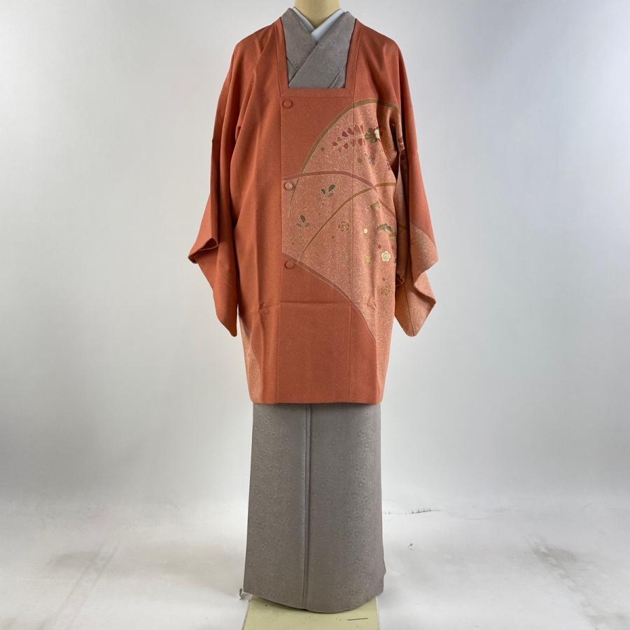 道行 身丈90cm 裄丈66cm M 和装コート 角衿 松梅 草花 金彩 サーモン 