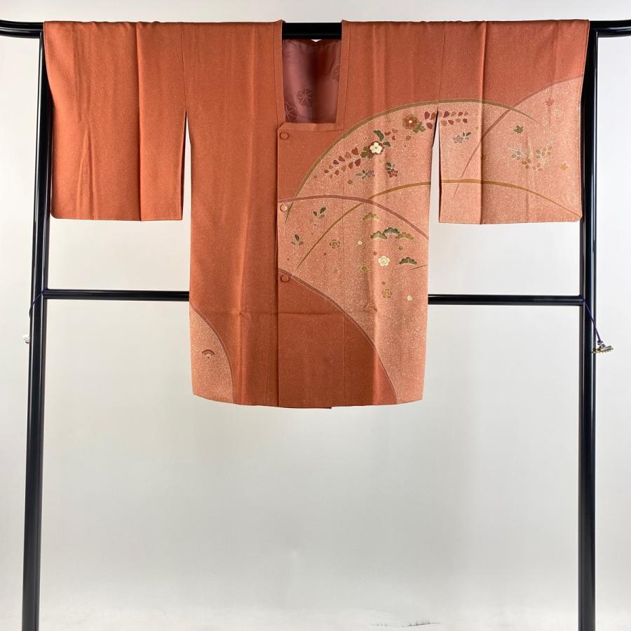 道行 身丈90cm 裄丈66cm M 和装コート 角衿 松梅 草花 金彩 サーモン 