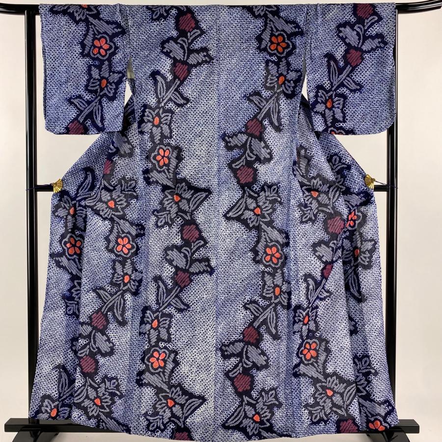 浴衣 身丈160.5cm 裄丈63cm S ひっかき 絞り浴衣 枝花 絞り 黒 綿 