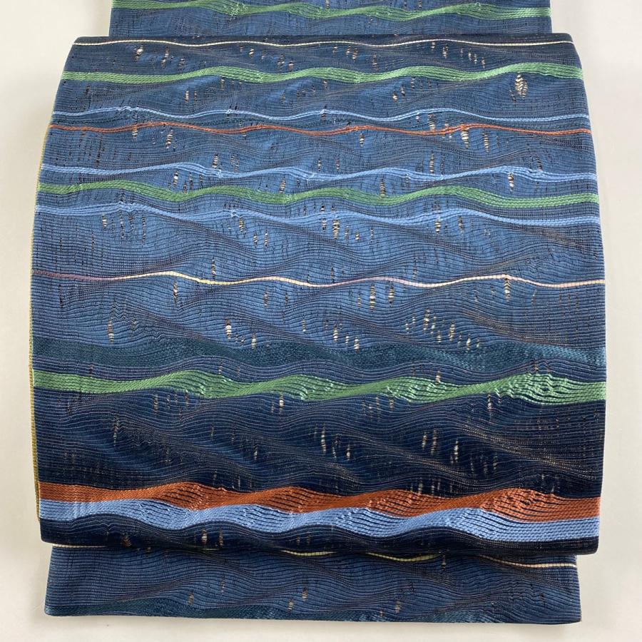 袋帯 美品 名品 夏帯 よろけ縞 金糸 藍色 全通 正絹 中古  