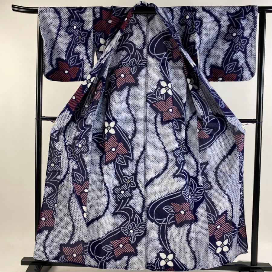 浴衣 身丈158.5cm 裄丈68cm L 絞り浴衣 草花 絞り 深緑 綿 美品 